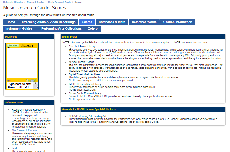 screenshot of music research guide, music scores