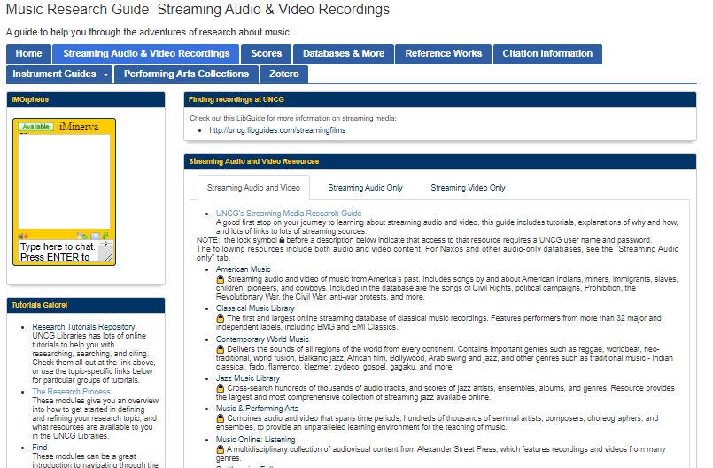 screenshot of music research guide, streaming page