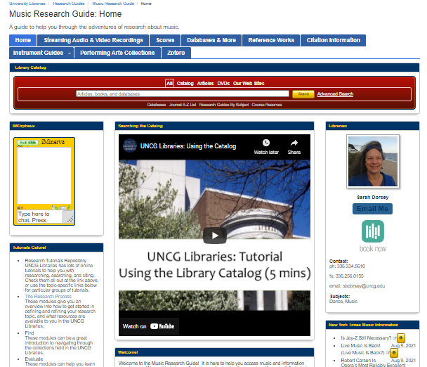 screenshot of music research guide, homepage