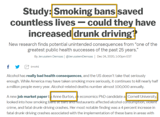 screenshot of an article on smoking bans and drunk driving, with search terms "smoking bans" "drunk driving" and author name highlighted