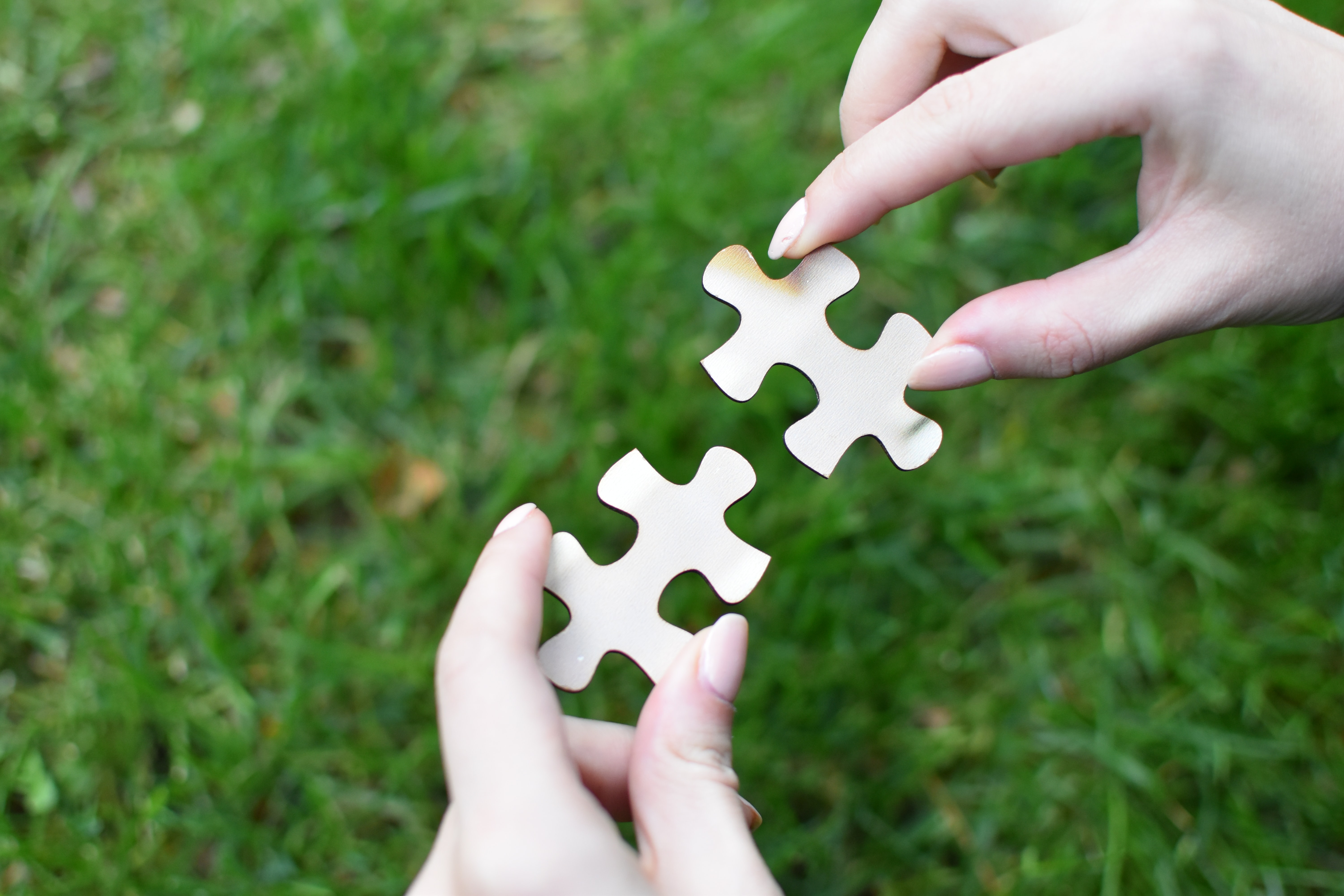 Decorative, hands placing 2 connecting puzzle pieces together above a green grass background