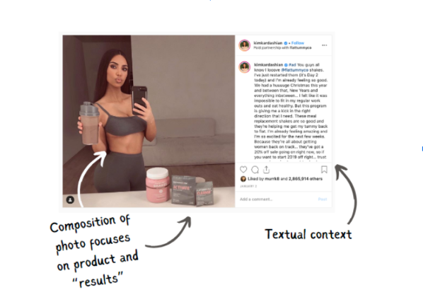 Instagram advertisement post from Kim Kardashian, composition of photo focuses on product and "results; textual context