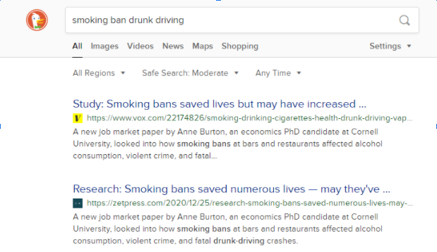 Screenshot of a DuckDuckGo search of "smoking ban drunk driving" results taken in January 2021
