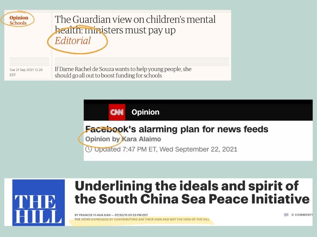 Headlines of political news, or editorial and opinion pieces