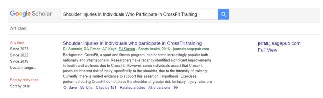 Screenshot of article from citation list from crossfit article, found in Google Scholar